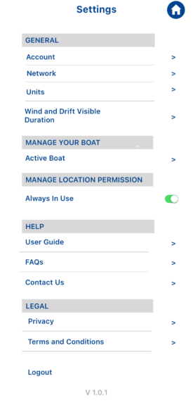 Pathfinder Sailing - Settings screen